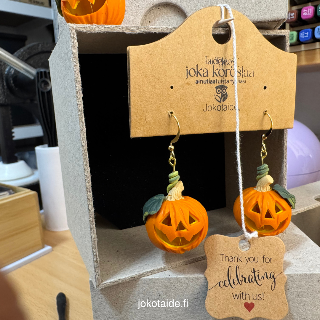 Clay Pumpkin Earrings with Green Leaf
