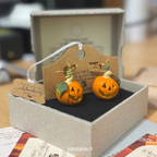 Clay Pumpkin Earrings with Green Leaf